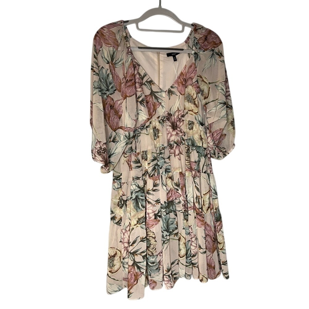 Anthropologie Drew 3/4 puff sleeve floral print fit and flare tiered mini‎ dress